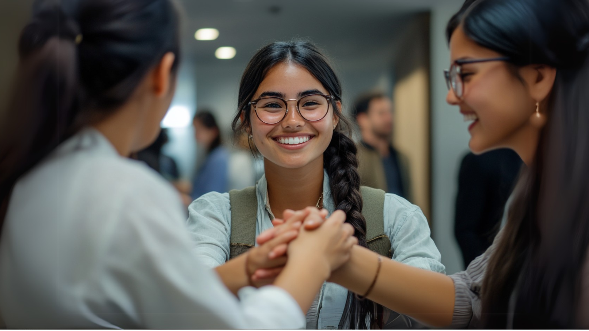 Studenti che conversano stringendosi la mano