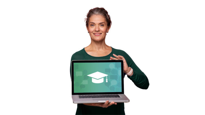 Insegnante che guarda la telecamera tenendo un laptop aperto su coLanguage