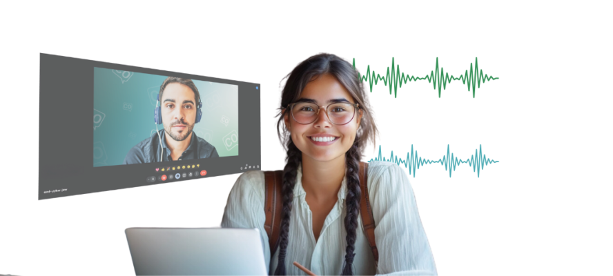 Studente che guarda la telecamera mentre segue lezioni di lingua online con coLanguage