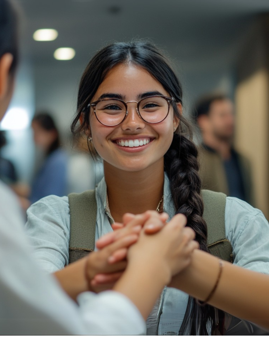 Studente che guarda la fotocamera mentre stringe la mano ai colleghi