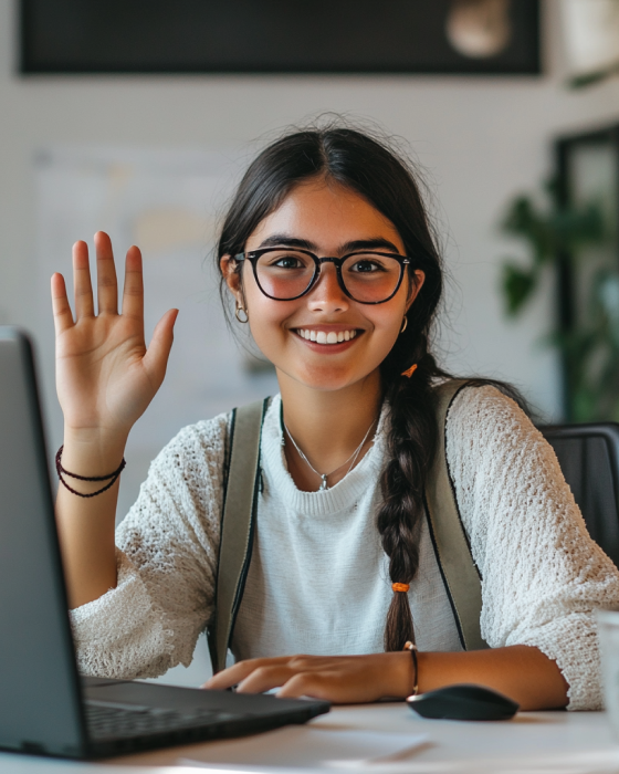 Studente che saluta la telecamera mentre segue lezioni online con coLanguage